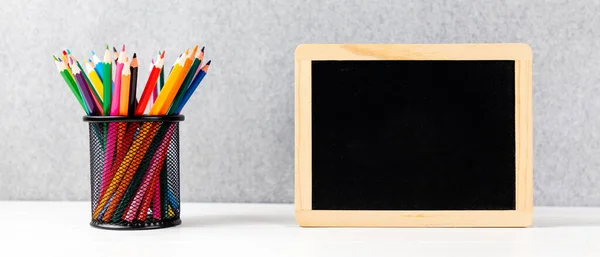 Closeup Colorful Pencils Chalkboard Desk Gray Background Copy Space — Stock Photo, Image