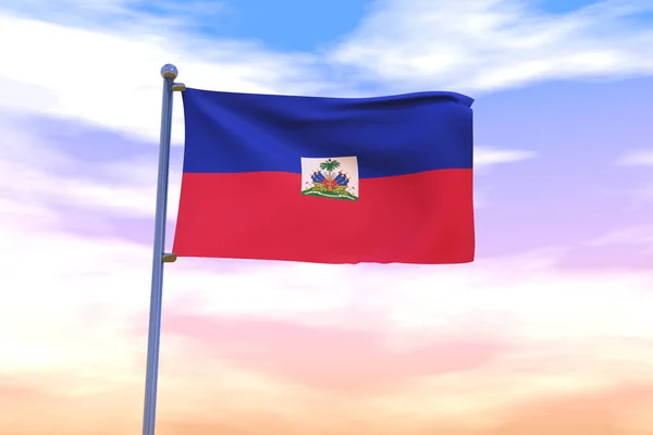 Illustration Waving Flag Haiti Chrome Flag Pole Blue Sky — Stock Photo, Image