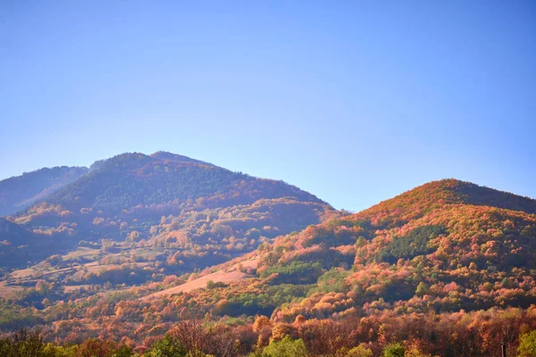 Een Prachtig Landschap Van Een Herfst Berg Heuvels Bedekt Met — Stockfoto