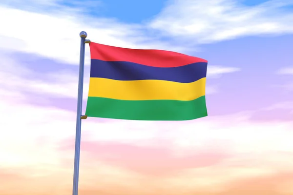 Illustration Waving Flag Mauritius Chrome Flag Pole Sunset Sky Waving — Stock Photo, Image
