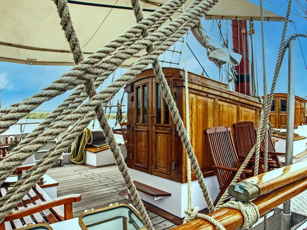 A old wooden sail ship deck cabin view