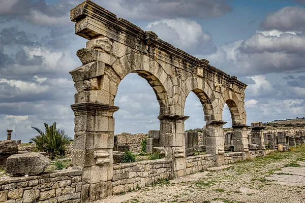 View Ancient Volubilis Roman City Cloudy Day — Stock Photo, Image