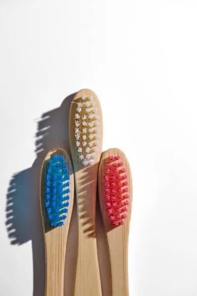 Photo Eco Friendly Bamboo Toothbrushes Red White Blue Bristles White — Stock Photo, Image