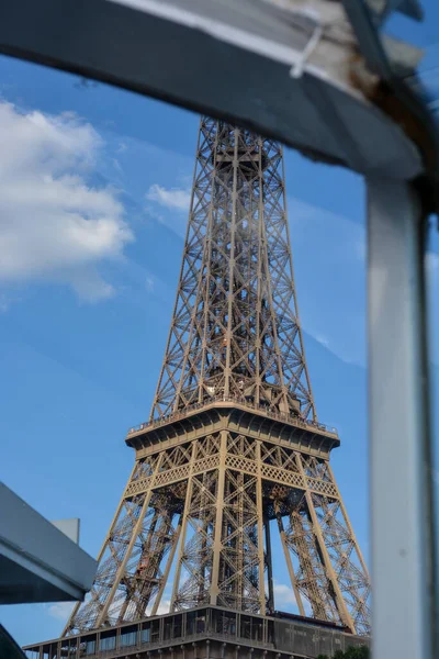 Low Angle Shot Eiffel Tower Paris France Transparent Glass Blue — Stock Photo, Image