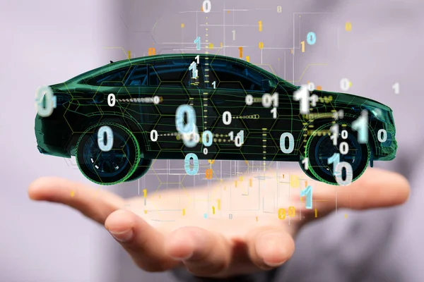 Otomobilin 3 boyutlu bir çizimi ve otomatik elektrikli arabanın ikili kod - kablo çizimi