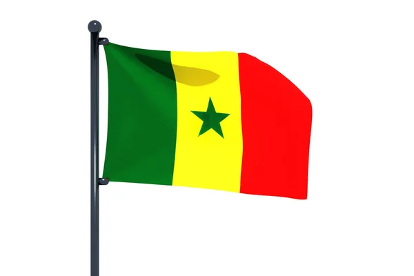 白い背景で隔離されたクロームの旗竿を持つセネガルの旗の3Dイラスト — ストック写真