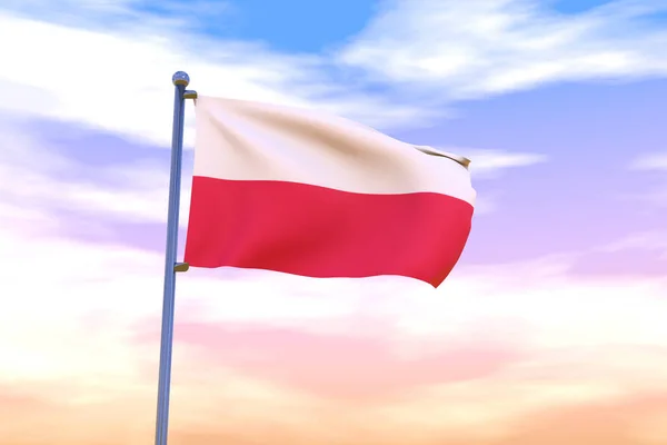Viftande Flagga Polen Flaggstång Med Molnig Himmel Bakgrunden — Stockfoto
