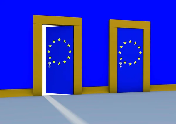 Uma Renderização Com Duas Portas Com Bandeiras União Europeia Numa — Fotografia de Stock