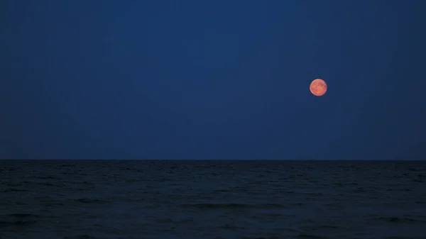 Lua Vermelha Nascente Sobre Mar Báltico Azul Escuro Lua Vermelha — Fotografia de Stock