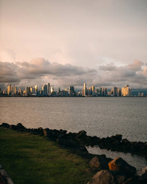 Horizonte Ciudad Través Lago Día Nublado — Foto de Stock