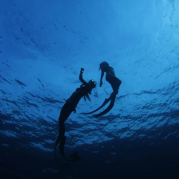 Las Dos Mujeres Con Gafas Aletas Natación Exploran Mundo Submarino —  Fotos de Stock