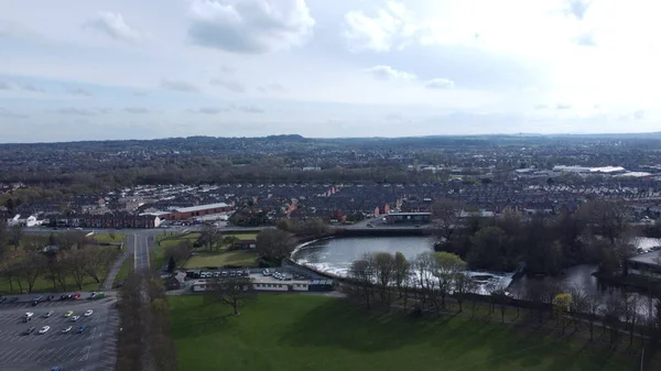 Uma Imagem Aérea Paisagem Urbana Warrington Com Canal Navio Manchester — Fotografia de Stock