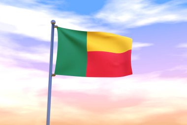 Mavi gökyüzünde krom bir bayrak direğiyle Benin 'in dalgalanan bayrağının 3 boyutlu bir çizimi
