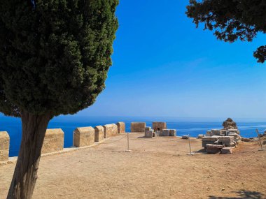 Yunanistan 'da güneşli bir günde Atina Akropolünün kalıntılarına karşı yeşil ağaçların manzarası