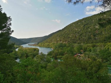 Hırvatistan 'da yoğun yeşil ağaçlarla çevrili güzel bir nehir manzarası
