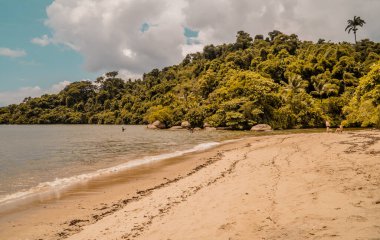 Paraty kasabasındaki boş Jabaquara Sahili 'nde güzel bir turist fotoğrafı.