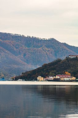 Romanya 'daki Tuna Nehri ve Orsova kentinin bitki örtüsü ve binaları manzarası