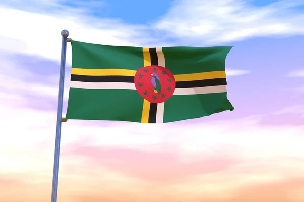 Mavi Gökyüzünde Krom Bayrak Direği Sallayan Dominica Bayrağının Boyutlu Bir — Stok fotoğraf