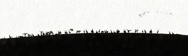 A panoramic illustration of crane silhouettes on a hill on a white background