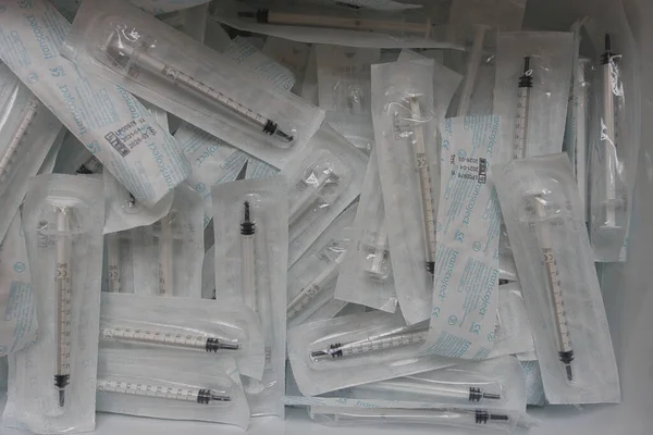 Closeup Shot Group Medical Injection Syringes Box — Stock Photo, Image