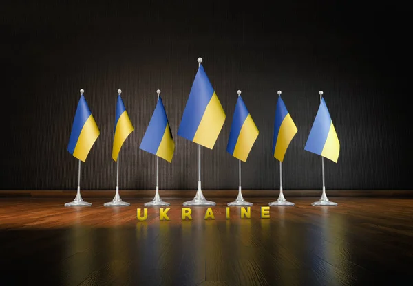 Renderelés Néhány Zászlók Ukrajna Tükröződik Egy Fényes Padló — Stock Fotó