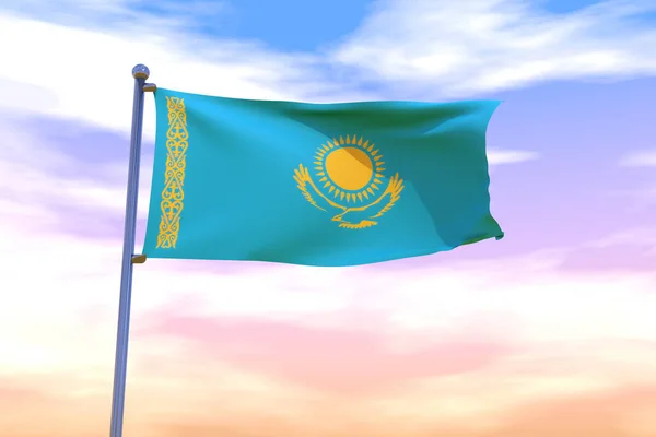 Renderowana Machająca Flaga Kazachstanu Chromowanym Masztem Kolorowym Niebie — Zdjęcie stockowe