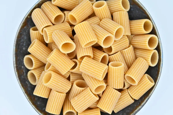 Top View Closeup Rigatoni Pasta Bowl White Surface — Stock Photo, Image