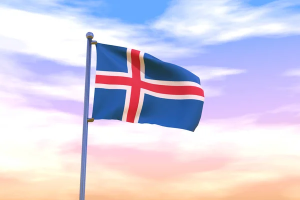 Ілюстрація Махаючого Прапора Ісландії Хромованим Стовпом Прапора Хмарному Сонячному Небі — стокове фото