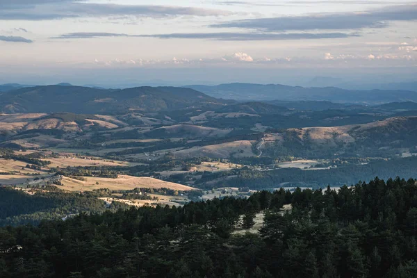 Bulutlu Bir Arka Planda Sık Ormanları Dağınık Çalıları Olan Kurak — Stok fotoğraf