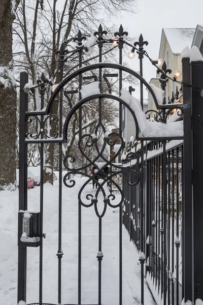 Μια Κοντινή Παγωμένη Σιδερένια Πύλη Ένα Χωριό Χειμώνα — Φωτογραφία Αρχείου