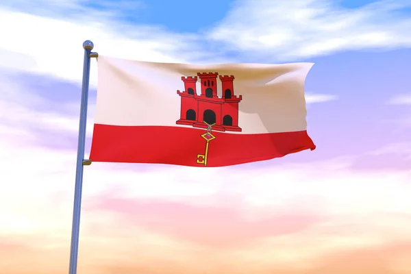 Illustration Viftande Flagga Gibraltar Med Kromflaggstång Den Blå Himlen — Stockfoto