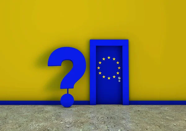 A Brexit-themed 3D rendering with a door with the European Union flag and a question mark