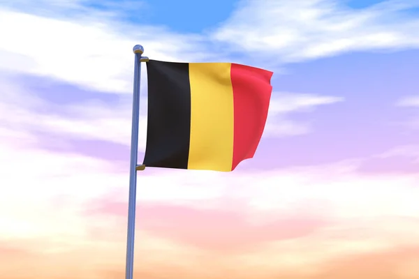 Illusztráció Egy Hullámzó Zászló Belgium Egy Króm Zászlórúd Kék — Stock Fotó