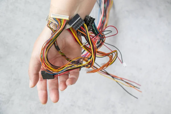 Several Isometric Processor Microchips Connected Human Hand Wires Concept Digital — Stock Photo, Image