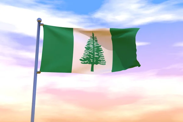 Ilustracja Machaj Flaga Norfolk Wyspy Chromowanym Masztem Flagi Błękitnym Niebie — Zdjęcie stockowe