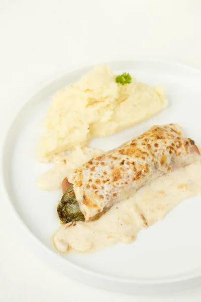 Vertical Shot Belgian Classic Dish Called Chicon Gratin Served White — Stock Photo, Image