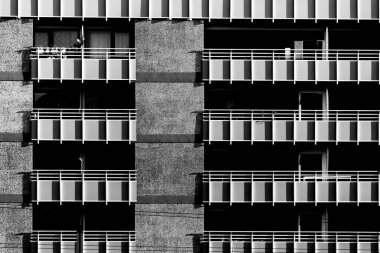 Binanın teraslarının gri tonlu görüntüsü.