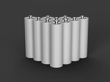 Gri arka plan boş şarj edilebilir pillere izole edilmiş beyaz aa büyüklüğünde 3 boyutlu bir çizim