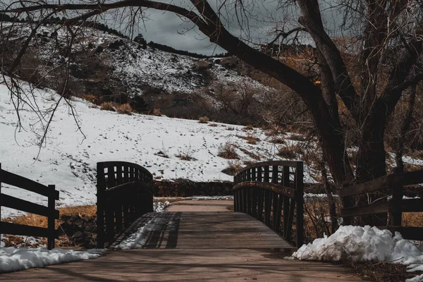 Een Prachtige Opname Van Een Wandelende Houten Brug Met Sneeuwgrond — Stockfoto