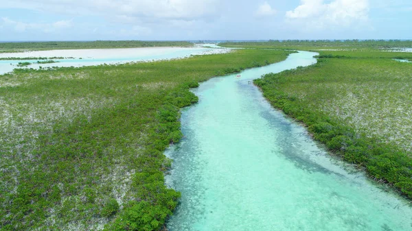 Aerial View People Sailing River White Tiny Boat Exumas Bahamas — Stock Photo, Image