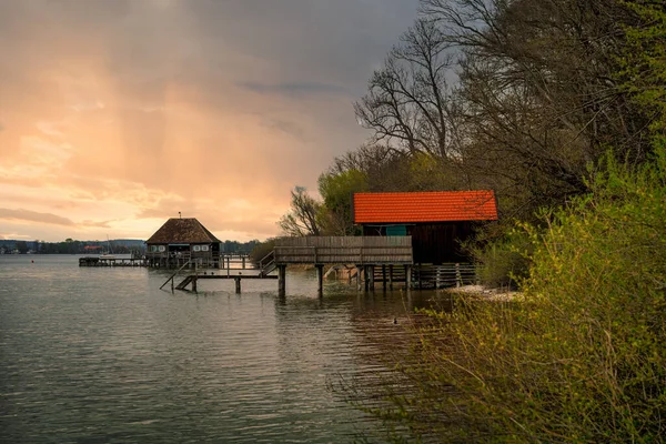 Old Boathouse Lake Ammersee Bavaria Germany Sunset — Stock Photo, Image