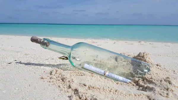 Närbild Bild Bild Drömflaskan Och Stranden Sand — Stockfoto