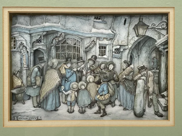 1970 Vintage Diorama Carollers Anton Pieck Beechwood Frame — Stock fotografie