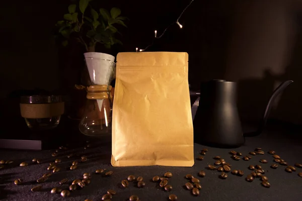 Closeup Shot Coffee Bag Pour Maker Kettle Background — Stock Photo, Image