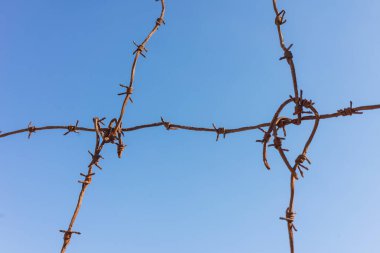 Mavi gökyüzündeki paslı dikenli telin yakın plan çekimi.