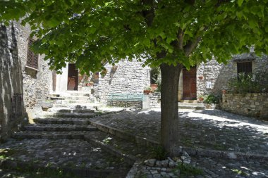 Bassiano, Lazio, İtalya 'da ön planda ağacı olan eski bir evin dış cephesi.