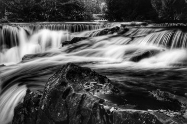Gri tonlu bir şelale manzarası. Ormandaki kayalar üzerinde akan köpük su.