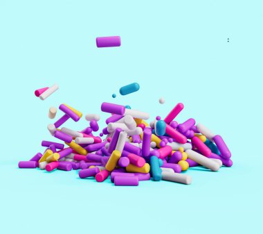 Deniz mavisi zemininde izole edilmiş renkli şeker şekerlerinin 3 boyutlu bir çizimi