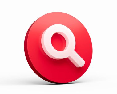 Kırmızı Çember üzerinde 3 boyutlu bir arama simgesi izole edilmiş büyüteç odaklama ve soruşturma