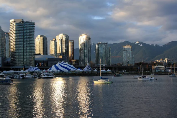 Yachts Boats False Creek Sunset Light Vancouver British Columbia Canada — Stock Photo, Image